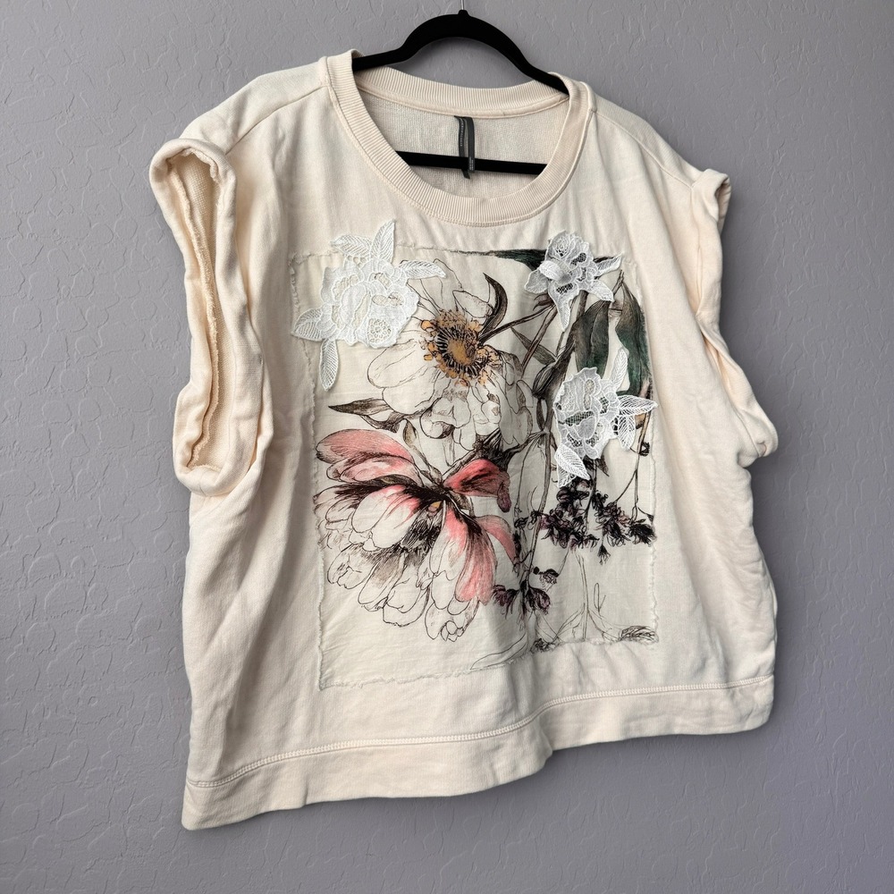 Anthropologie XLarge Sleeveless Sweatshirt Cream Sleeveless Floral Lace Applique - Picture 2 of 7